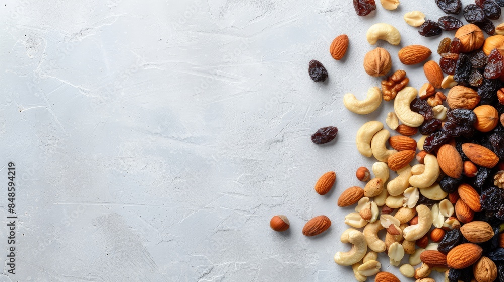Poster assortment of mixed dried nuts and raisins on a neutral background from above ample space for text