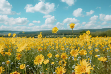 Fototapeta premium Beautiful Field of Bright Yellow Flowers Against a Clear Blue Sky with Puffy Clouds A Stunning Summer Day in the Countryside