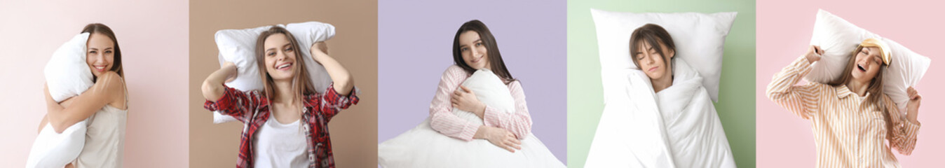 Group of young women with soft pillows on color background