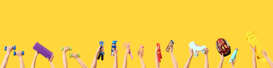 Collage of hands holding sports equipment on yellow background