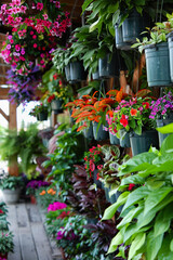 Colorful Garden Plant Store with Hanging Pots and Lush Foliage