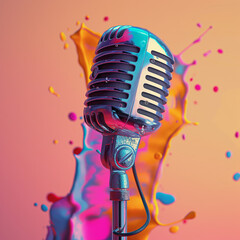 A retro microphone is surrounded by a dynamic splash of colorful paint against a gradient background