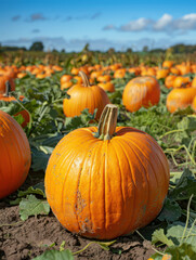 Vibrant Pumpkin Field Ready for Harvest on a Sunny Day with Blue Sky and Green Leaves in the Countryside