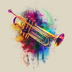 A vibrant trumpet emerges from a colorful explosion of paint splatters