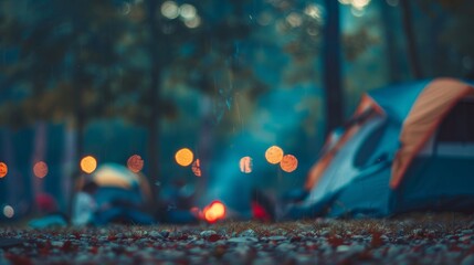 Defocused images of a campsite with blurred outlines of tents and a faint red glow from the fire.