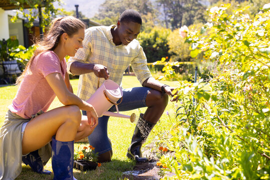 Happy diverse couple watering plants together in garden