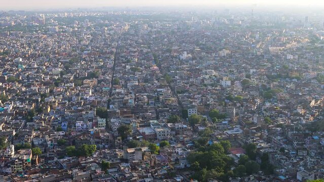 Panoramic view of Jaipur cityscape, Many structures built around Tal Katora Lake in Jaipur city, Rajasthan, India.