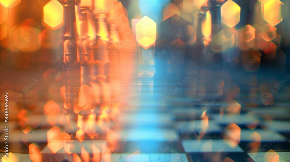 Poster blurry chessboards lined up in a row creating an abstract pattern.