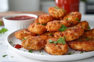 Fototapeta premium A plate of fried chicken nuggets with a side of ketchup