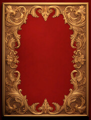 3d render of golden vintage frame with red background, no text or elements in the center