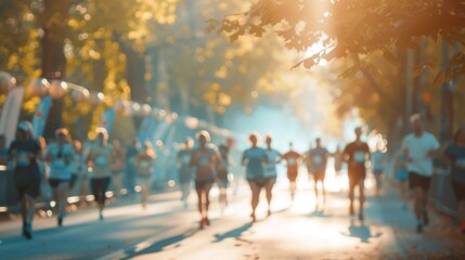 Hazy banners and indistinct participants at a charity walkrun.