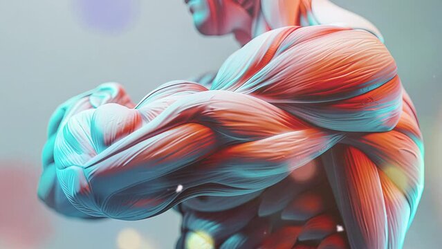 Muscular Arm with Highlighted Biceps and Triceps. Detailed Muscle Fibers. high quality. high resolution. 8k. medical illustration style