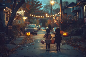 Obraz premium Three children are walking down a street holding Halloween bags