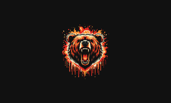head bear roar with flames vector mascot design