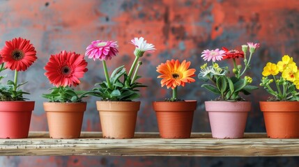 Obraz premium A row of colorful flowers in pots lined up on a rustic wooden shelf, creating a cheerful and vibrant display.