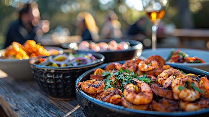 A vibrant outdoor dining setup featuring a bowl of grilled shrimp, fresh salad, and various dishes, perfect for a summer meal.
