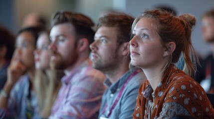 Obraz premium A diverse group of people attentively listening at a conference, focused on the speaker or presentation.
