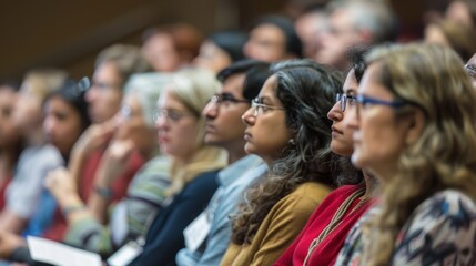A diverse group of people attentively listening at a conference, focused on the speaker or presentation.