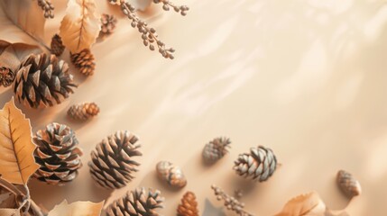 Obraz premium Artistic arrangement of pinecones and leaves on a neutral background, emphasizing autumn's natural textures and tones.