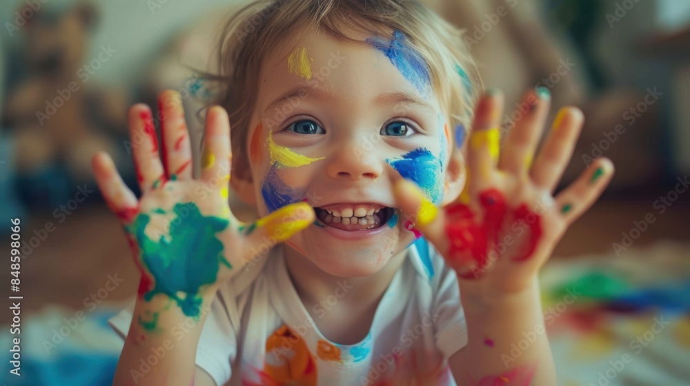Poster a joyful child with colorful paint on their hands and face, smiling brightly and showing hands towar