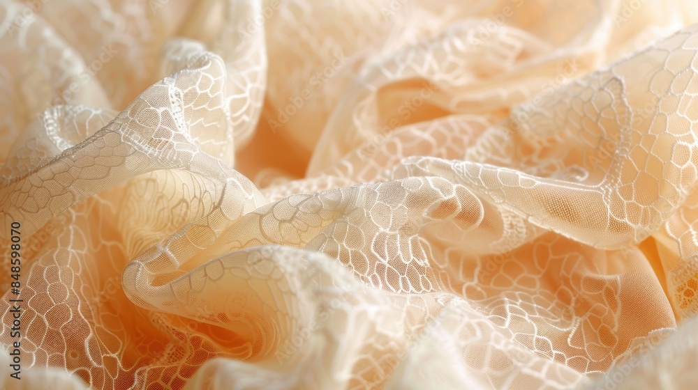 Poster a close-up view of delicate beige lace fabric with intricate patterns, softly draped and highlighted