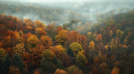 Aerial view of a misty autumn forest with vibrant, colorful foliage in shades of orange, yellow, and green.
