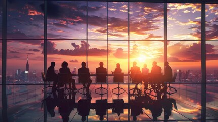 Silhouetted people in a business meeting at sunset, with a panoramic city skyline view through large windows.