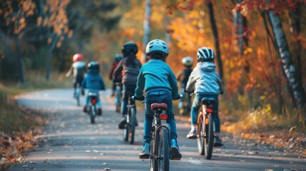 A group of kids wearing helmets, riding bicycles on a scenic path surrounded by autumn foliage, enjoying outdoor activity.