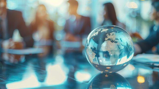Crystal globe on a reflective office meeting table with blurred silhouettes of businesspeople in the background.