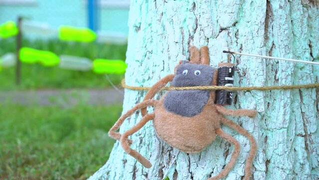 A large soft plush tick is tied with rope to tree trunk, punishing captive A fireplace match ignites fetile of dynamite. Fighting, retribution parasites, confronting insects, revenge for a bite, humor