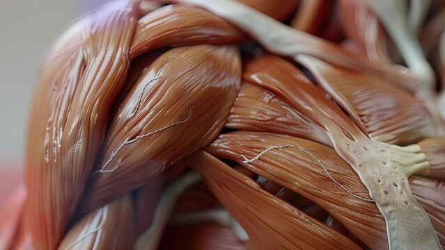 Detailed Shoulder and Elbow Muscle Fibers in 3D. Ultra Realistic Close-Up. High-Detail. High quality. medical illustration style