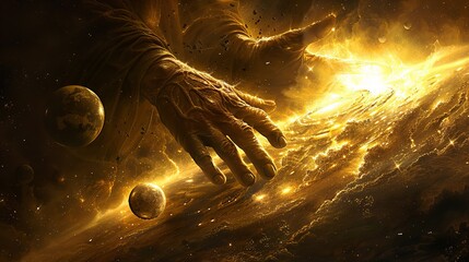 A giant hand emerges from a swirling golden nebula. The hands fleshy fingers are reaching toward a bright, glowing object in the distance