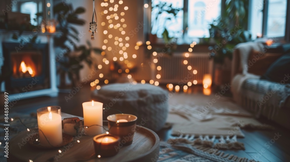 Poster the room is filled with a hazy glow from the string lights and candles adding to the cozy atmosphere