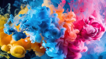 Fototapeta premium Dynamic explosions of colorful ink in water, featuring blue, pink, and yellow hues creating a vibrant and energetic abstract.