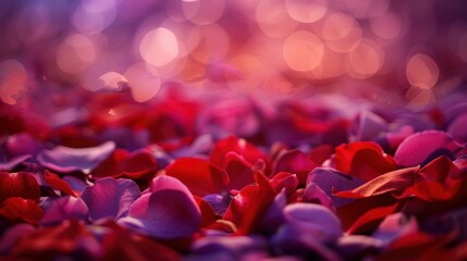 A dreamy close-up of red and pink petals with bokeh lights, creating a romantic and enchanting ambiance.