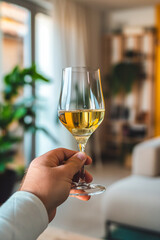 A person is holding a wine glass with a yellow liquid in it