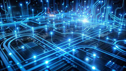 3D Illustration Of A Futuristic Circuit Board With Glowing Blue Lights.