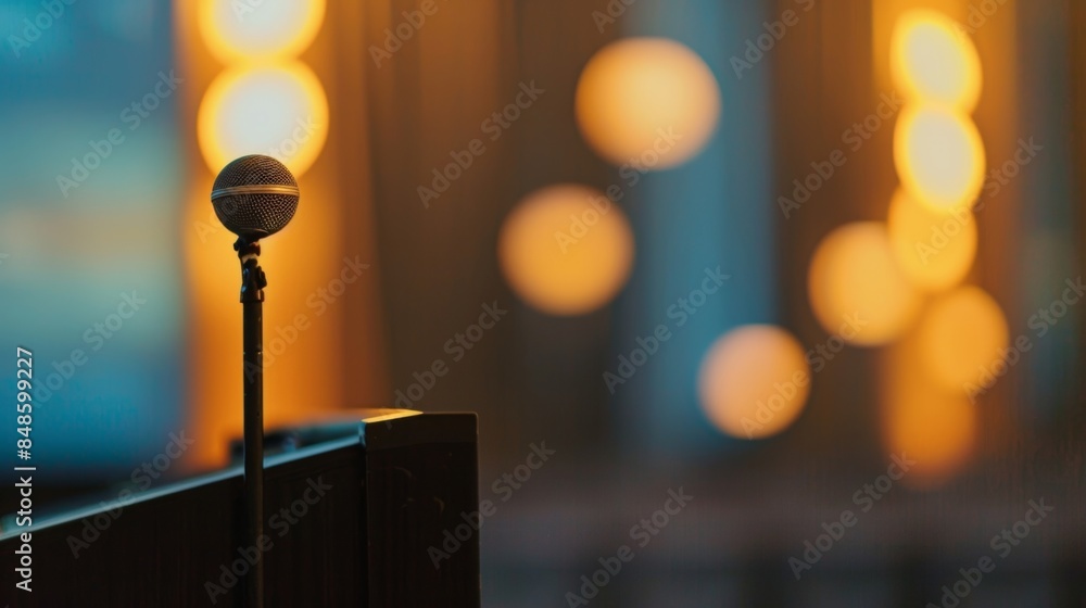 Poster vague forms of a speaker and a blurred backdrop at a popular public lecture.