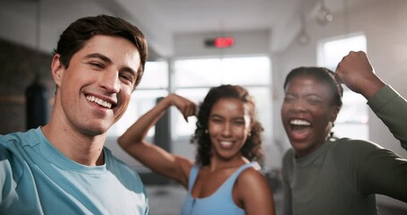 Happy people, fitness and selfie with photography for workout, exercise or indoor training at gym. Portrait, group or young group with smile for picture, moment or memory together at health club