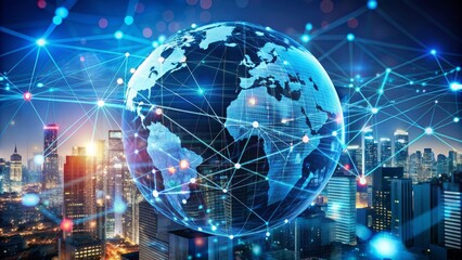 Fototapeta premium A Digital Composite Of A Glowing Blue Globe With A Network Of Connections Over A Cityscape At Night.