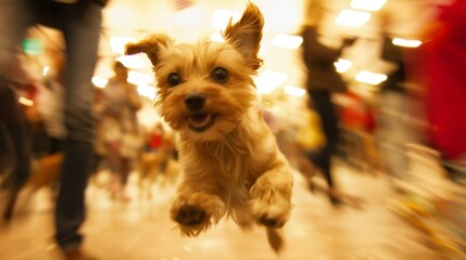 Floating shapes of adorable animals and jubilant adopters in a blur of joy at the event.