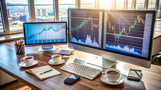 Analyzing Stock Market Data On Multiple Computer Monitors In A Modern Office.