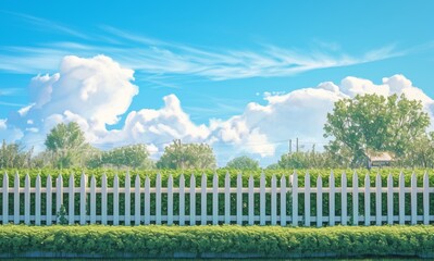 Green Grass Lawn with White Picket Fence, Manicured Hedges, and Clear Blue Sky - Peaceful Residential Landscape

