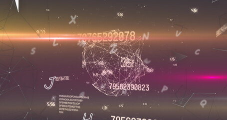 Image of letters over data processing on a dark background 