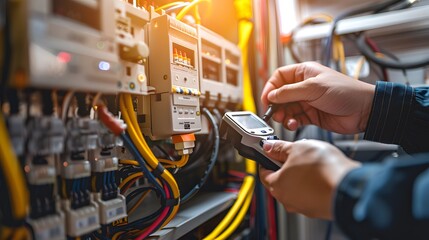 Electrician installing electric cable wires and fuse switch box. Multimeter in hands of electricians detail.