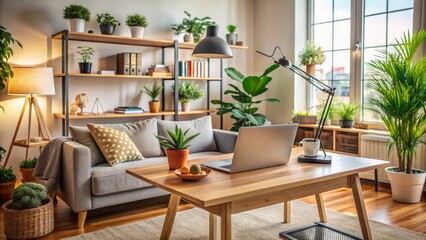 Obraz premium A Cozy Living Room With A Large Window, Plants, And A Comfortable Sofa. There Is A Laptop, Coffee Cup And Fruit On The Table.