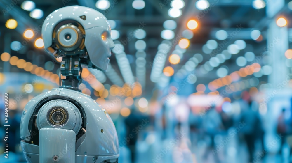 Poster blurry glimpses of robots and artificial intelligence on display at a tech expo making attendees won