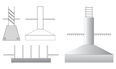 Set of steel column foundation in reinforced concrete block. 3D Illustration