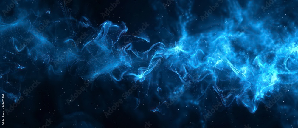 Poster abstract design with smoke, light, and fire elements blending in a dynamic blue and black wave patte