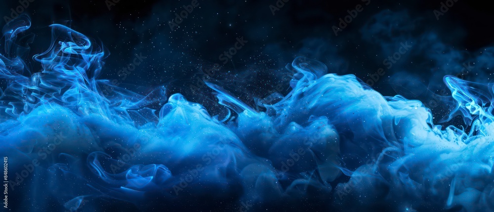 Poster abstract design with smoke, light, and fire elements blending in a dynamic blue and black wave patte